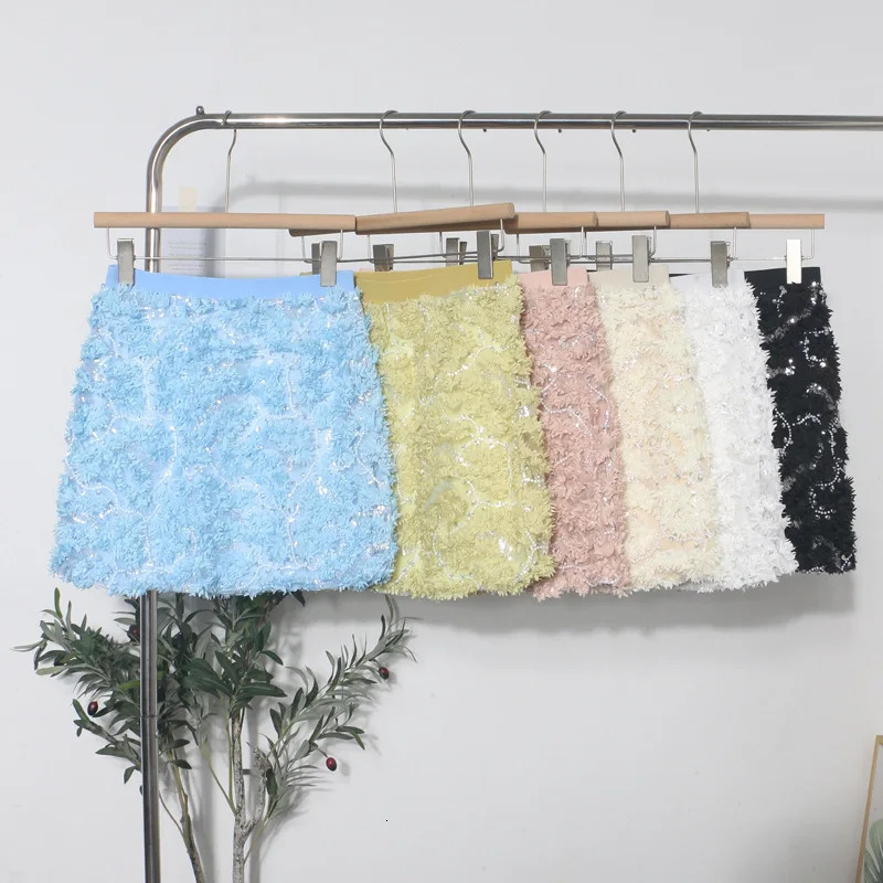 3d Flower Mesh Sequined Elastic Waist Skirt Womens Summer A-word Hip Skirt 260716BJ