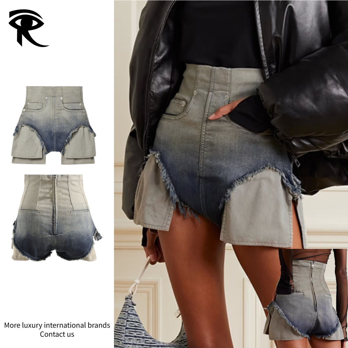 Avant-Garde Deconstructed High Waisted Distressed Denim Shorts Gothic Dark Style Raw Edge Patchwork Hot Pants Grunge Style Gradient Denim Shorts