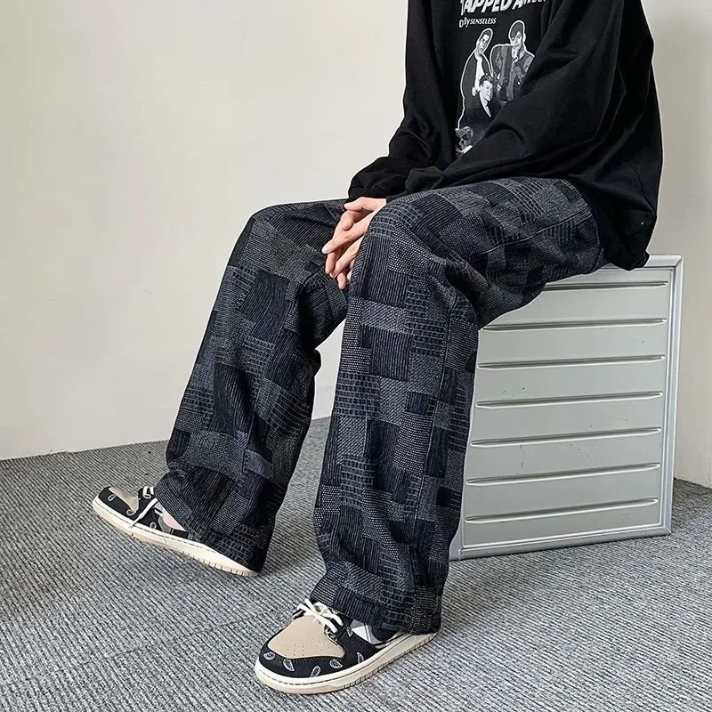 Autumn Blue Black Plaid Jeans For Men Y2K Vintage Wide-leg Jean High Street Loose Straight Denim Trousers Hip Hop Pantalones 260720BJ