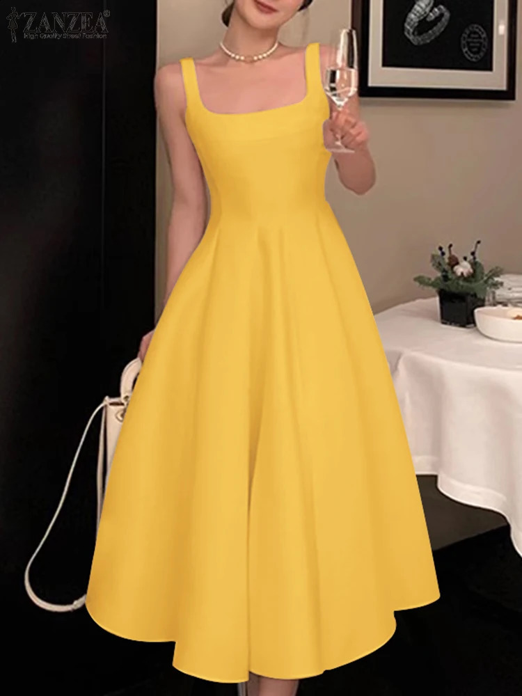 ZANZEA Women Sleeveless Tank Dress Vintage Solid A-line Dresses Summer Holiday Waisted Robe Casual Square Collar Midi Robe 260721BJ