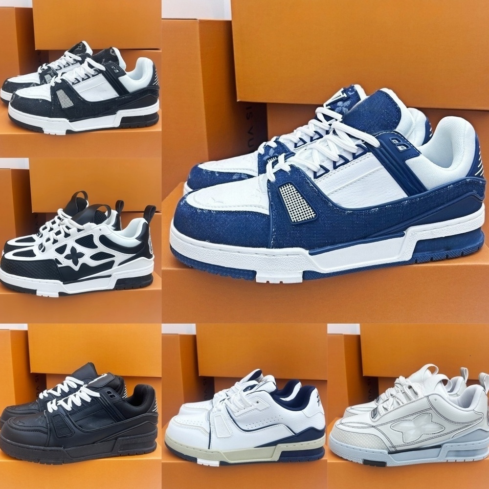 Luxury loves Trainer White Blue Denim Casual Sneakers Designer Fashion Streetwear Low-Top Trainers Breathable Leather Denim Upper Sport Shoes Classi