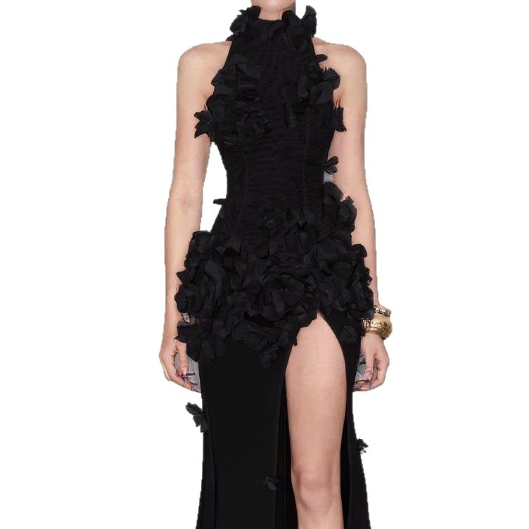 High-end black dress female summer, sleeveless neck hanging three-dimensional flower mesh yarn split fork trailing tail slim fit dress