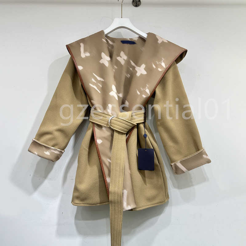 Designer Wool Womens Coats Floral Print Big Shawl Collar Coat Belted Waist Short Wool Jacket Khaki Loose Turn-up Cuff Sleeve Soft Chic Bathrobe Styl