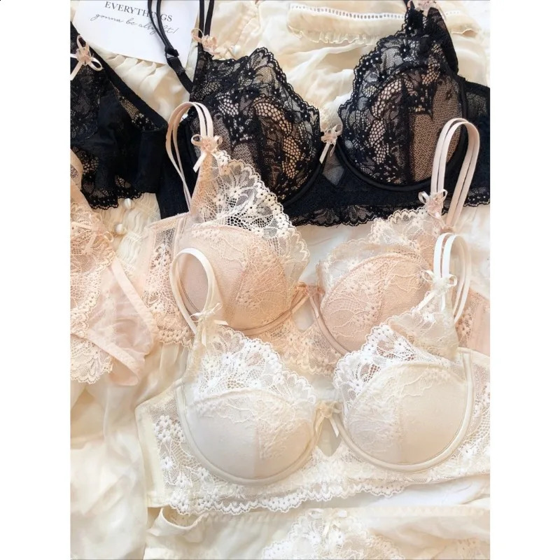 Women Lingerie Set Sexy Lace Push Up Bra French 34 Thin Cup Bralette Cute Bow Decoration Underwear Comfort Bras Briefs Sets 260721