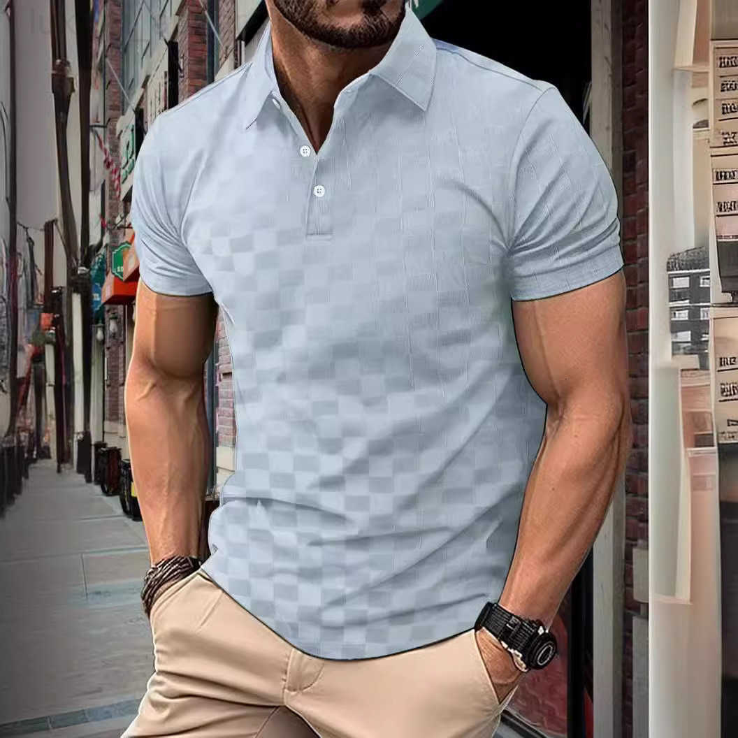 Designer Clothes 2024 Summer New Ice Luxury Brand Silk Plaid Jacquard Turn-Down Collar Short Sleeve European And American Mens Casual Polo Shirt
