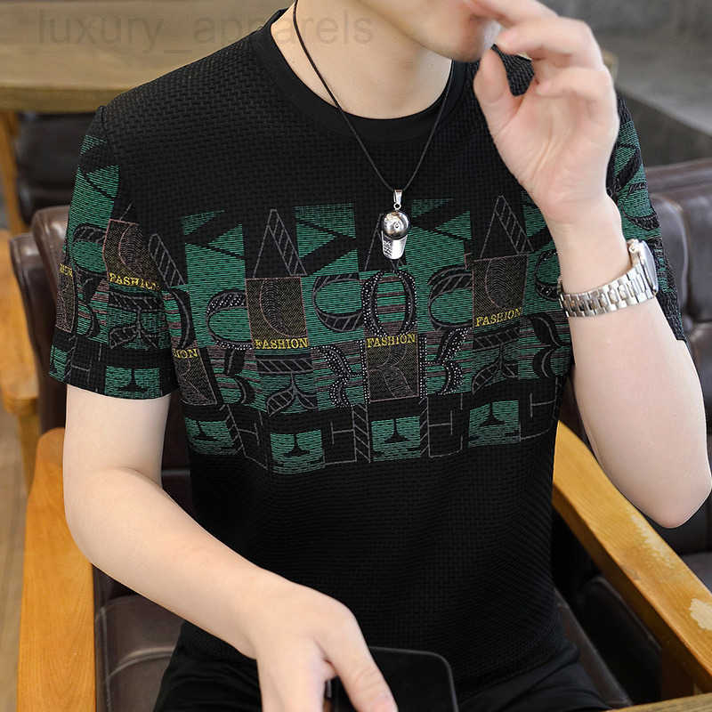 Deigner T-hirt Summer New Luxury Round Neck Ice Silk Breathable Hollow Thin Short Sleeve Top Trendy Checkered Color Blocked Quick Drying Buine Men