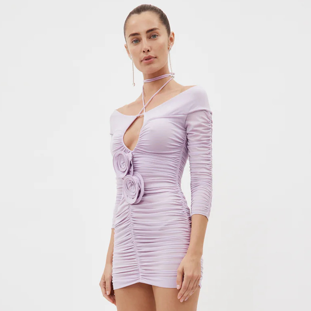 Light luxury and high-end taro purple off-shoulder short skirt for women, summer 3D rose pleated slimming pencil skirt