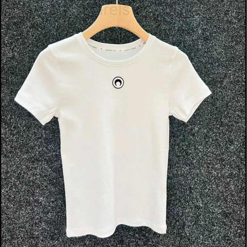 Womens T-Shirt Summer Solid Color Round Neck Inner Moon Embroidered Short-slved T-shirt Tops 2024 Women New Style H25116