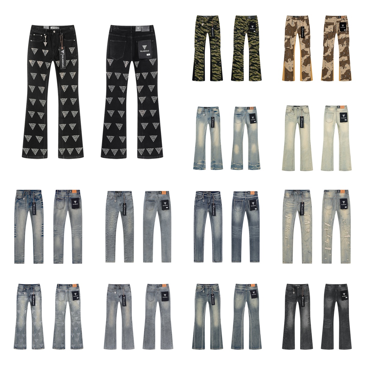 Designer jeans Mens Stacked Flare valabasas Jeans Rhinestone Distressed Vintage Wash Slim Fit High Street Denim valabasas Pants