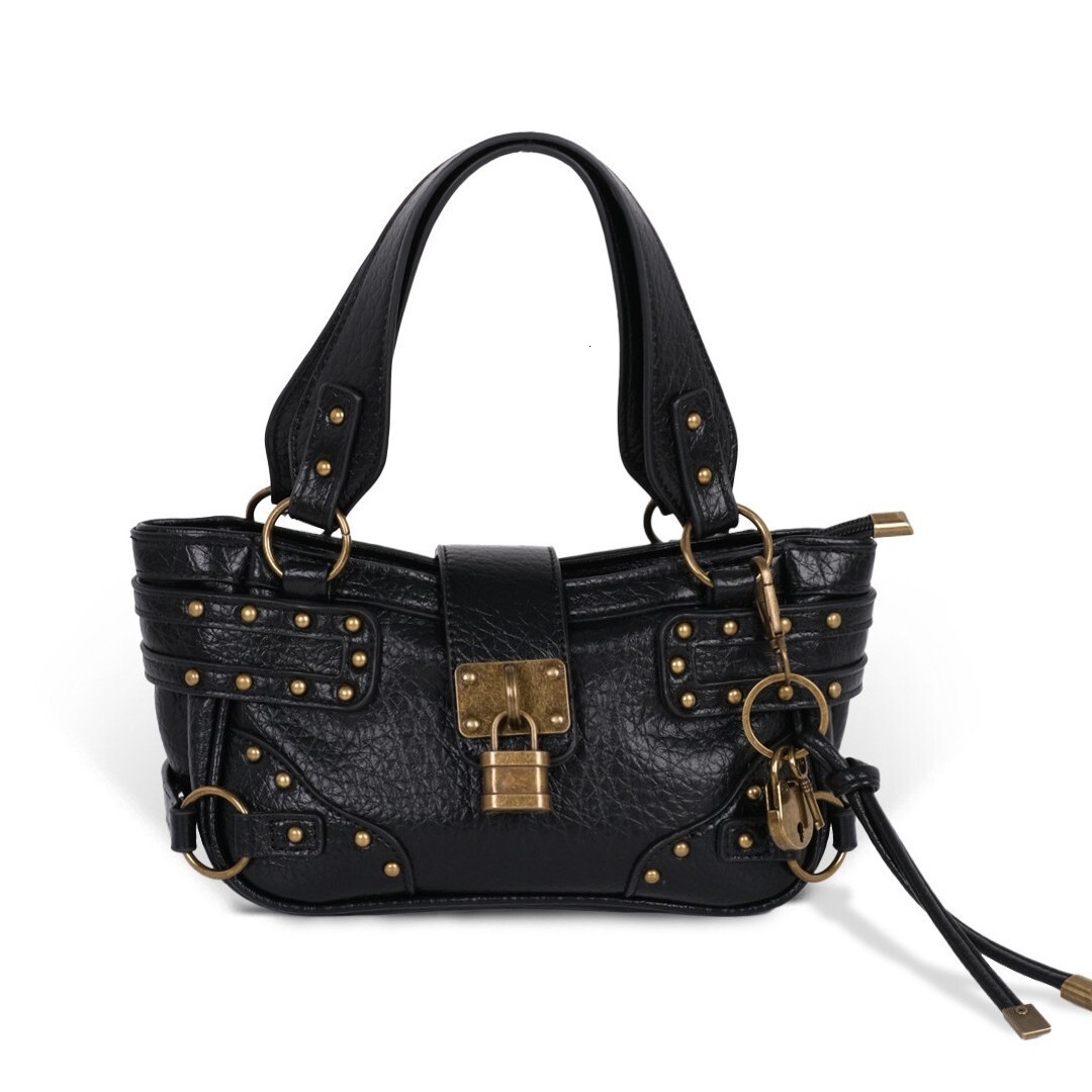 DesignerRivet Lock Motorcycle Handbag Women Retro Sweet Cool Hot Girl Underarm Bag Heavy Duty PU Leather Commuter Tote Shoulder Bag