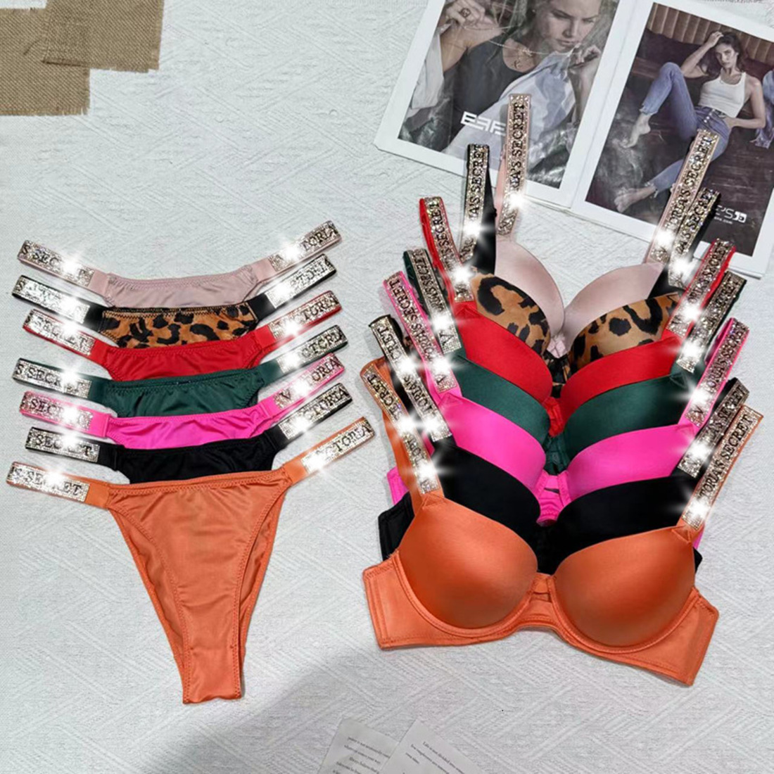 Victoriasssecrets Bra Set Lingerie Bikini Brand Bras Sets Womens Sexy Underwear Briefs Trendy Brassiere Straps Gradient Shining Rhinestone Pantie