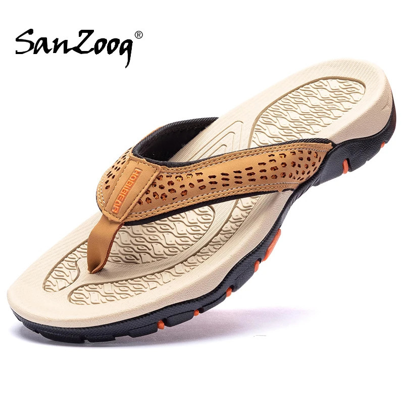 Plus Big Size 49 50 51 52 Mens Flip Flops Slippers PU Leather Beach Shoes TPR Outsoles Hard-Wearing Outdoor Style 260720BJ