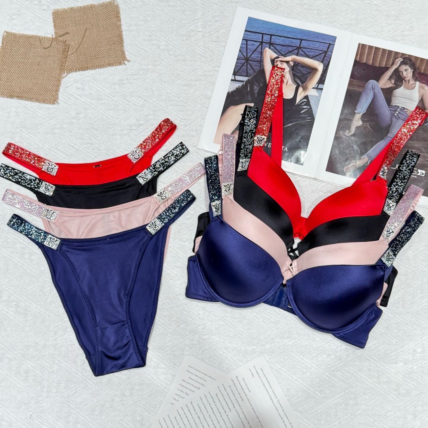 Popular Victoriasssecrets Bra Set Butt-Lifting Sexy Trendy Strap Underwear Bikini Bras Sets Brand Womens Brassiere Rhinestones Panties Panty Smal