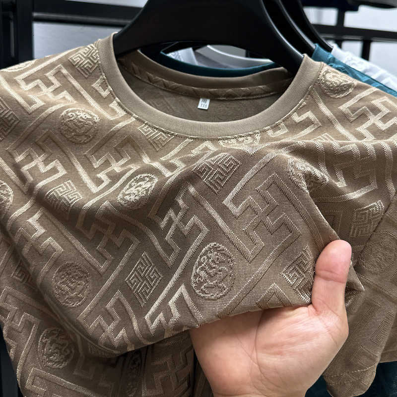Designer Clothes Ice Silk Summer Short T-Shirt For Middle-Aged Luxury Brand Men New Breathable Casual Round Neck Thin Jacquard Half Sleeve Top