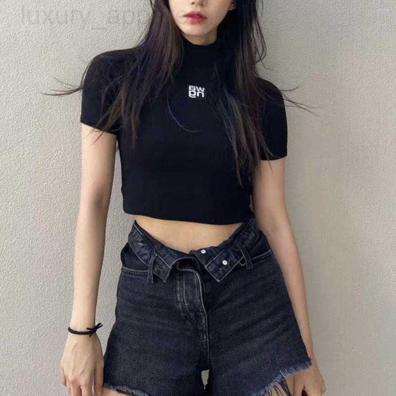 Womens T Shirts CINESSD 2023 Summer Casual Half Turtleneck Letter Sweater Fashion Short Sleeve Navel T-shirt Slim Fit Girl Style Top