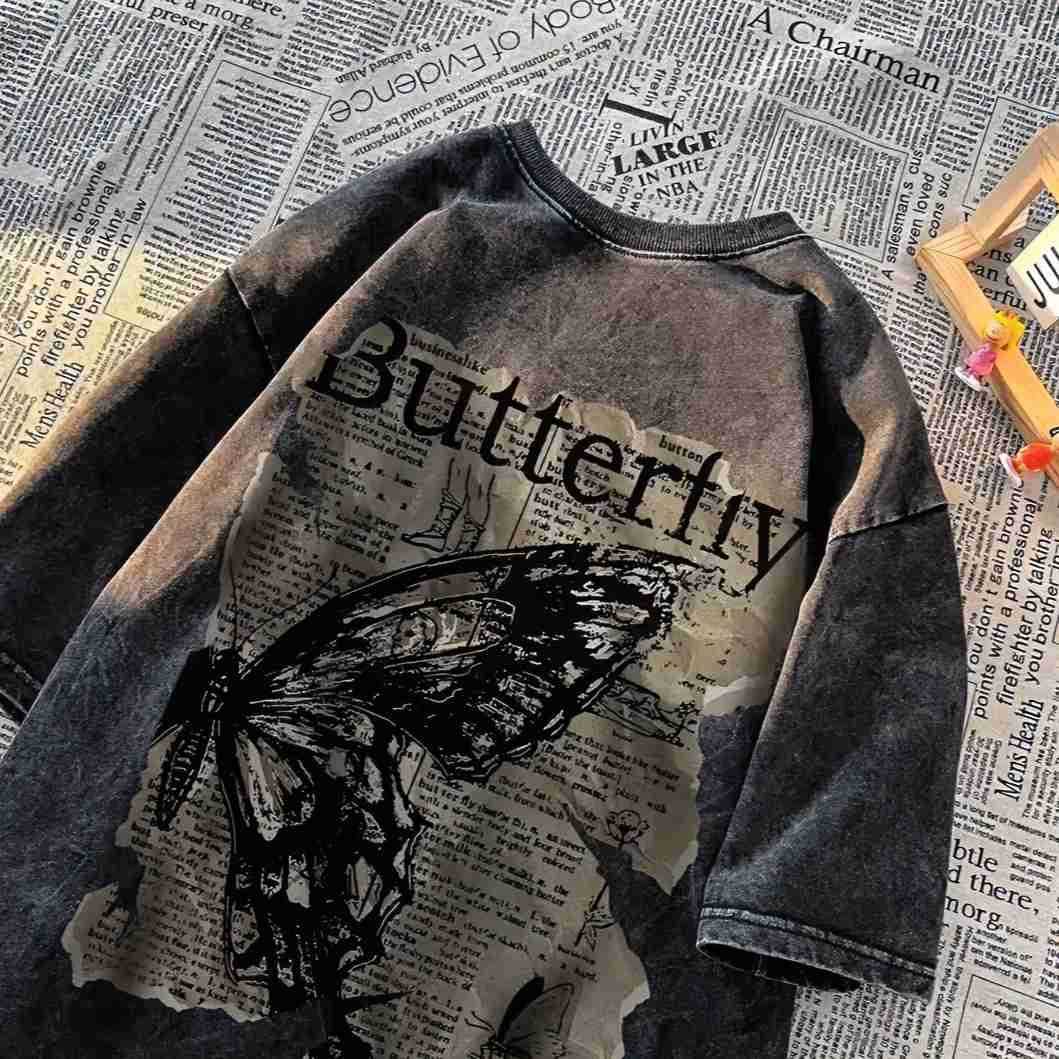 Luxury Brand Designer Clothes Heavy Washed Vintage Short T-Shirt For Men Summer Niche Design Gothic Style With Butterfly Print Five-Quarter Sleeve
