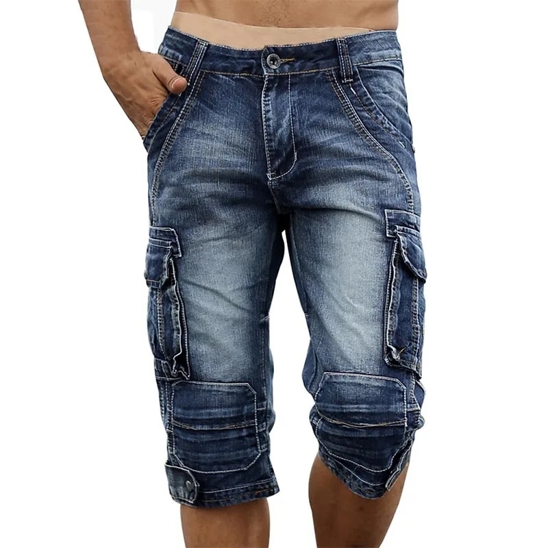 Mcikkny Vintage Mens Fashion Cargo Denim Shorts With Multi Pockets Slim Fit Military Jeans Shorts For Male Washed 260720BJ