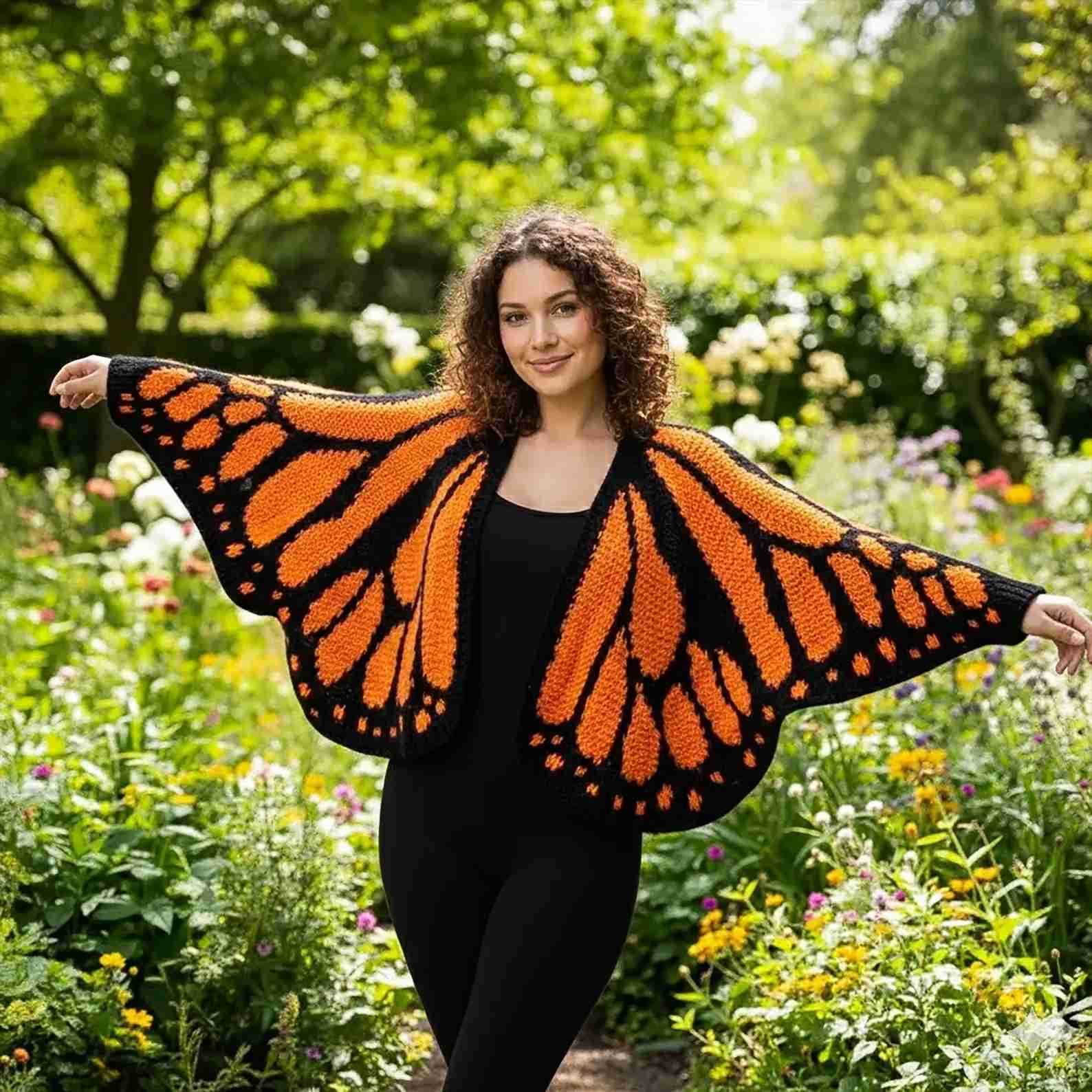 Butterfly Shaped Knitted Cardigan For Women V Neck Crochet Cape Knit Sweater Long Sleeve Single Breasted Coat Spring 260104