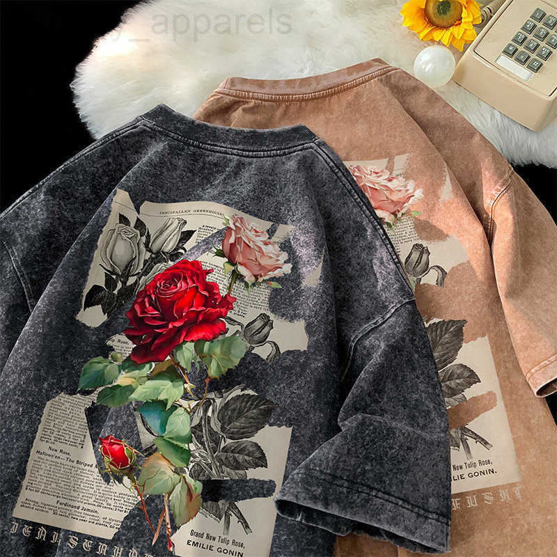 Luxury Brand Designer Clothes Pure Cotton American Retro Distressed Washed Black-Brown Casual Elegant Rose Print Oversized Loose Short-Sleeve T-Shir