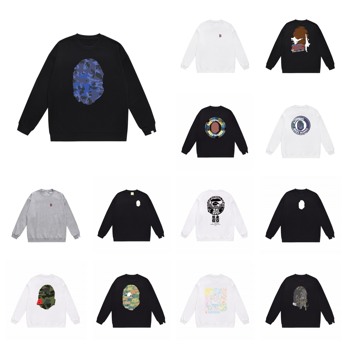 Unisex Crewneck Sweatshirt Blue Camo Big Head Print Pullover Cotton Blend Long Sleeve Streetwear Loose Fit Casual Daily Wear Crew Neck Top For Men W