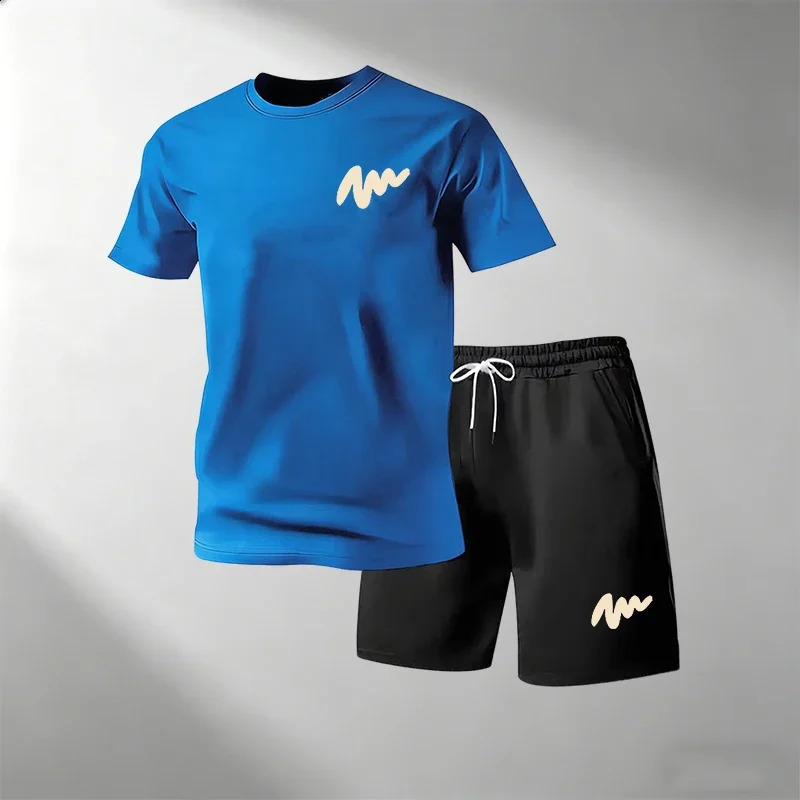 Summer Men Casual Street 2Pcs Suit Round Neck Short Sleeve Tshirt Shorts Quick Dry For Home Outdoor Fitness Training Sport Set 260721