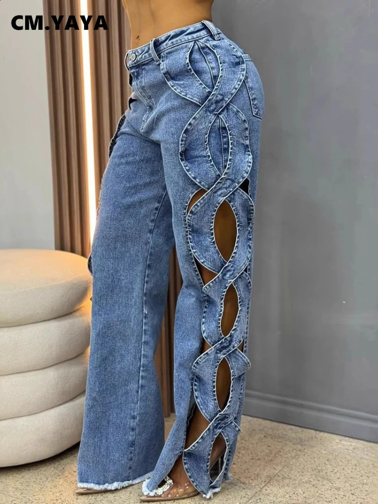 CMYAYA Women Streetwear Cutout Hollow Out Criss Cross Side Wide Leg Blue Denim Pants Fashion Sexy Party Jeans Trousers 260721BJ