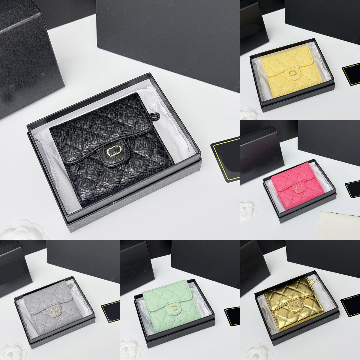 Brand Women Small Wallet Metal Button Genuine Leather Card Holder With Box Large Capacity Chic Long Coin Purse