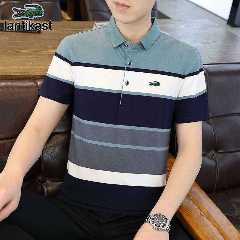 Noble Crocodile 2025 New Summer Short Turn-Down Collar Polo Shirt Mens Trendy designer handbag Striped Half Sleeve T-Shirt Pure Cotton