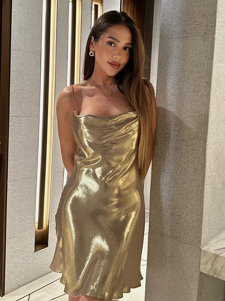 HH Womens Sexy Shinning Metallic Color Slip Mini Dress Woman Fashion Spaghetti Strap Pleated V-neck Slim Party Dresses 260720BJ
