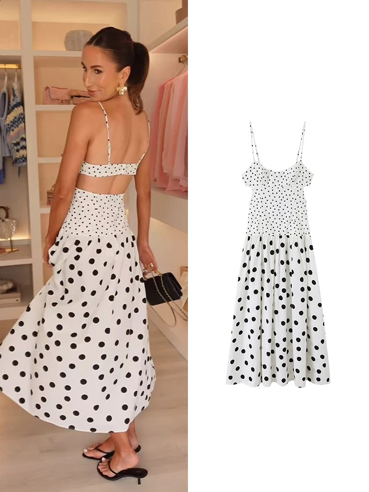TFMLN Chic Women White Black Polka Dot Maxi Dress Fashion Backless Sling Dresses 2026 Summer Ladies Splice Beachwears 260721