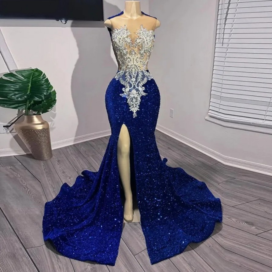 Sparkle Royal Blue Sequined Evening Dresses For African Women Sheer Neck Long Mermaid Special Occasion Prom Gowns With High Slit Second Reception Dr