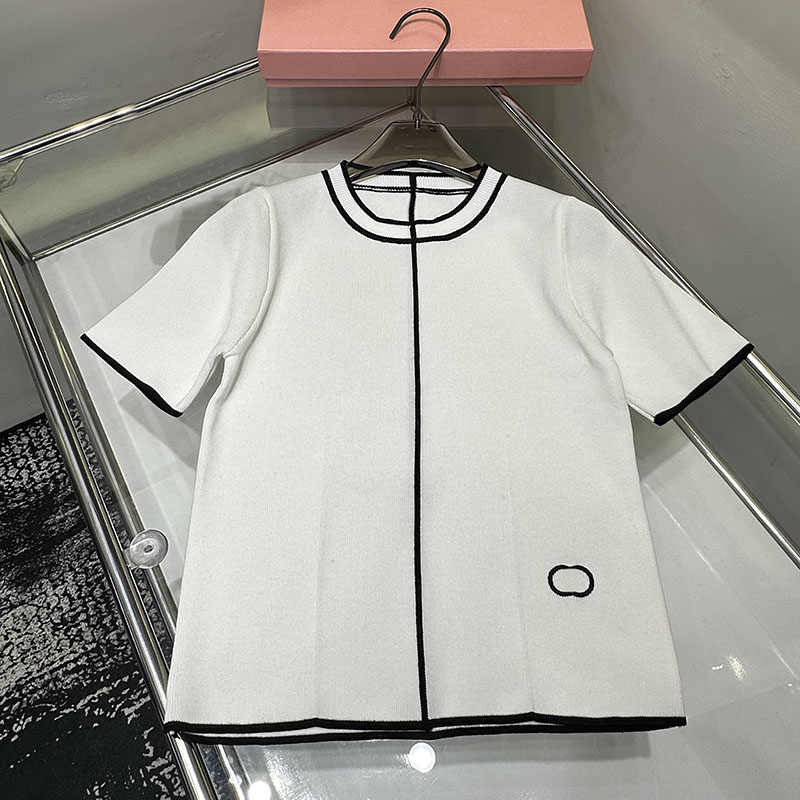 Contrast Color Knit T Shirts Women Designer Embroidered Short Sleeve Knitted Tops Black White Casual Versatile Tees