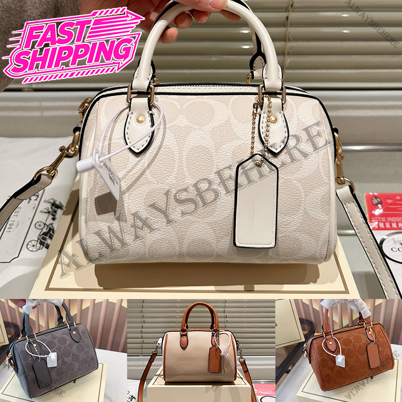 Multi-Color Signature C Print Mini Barrel Bag Denim Leather Options, Adjustable Crossbody Strap Women's Boston Purse with Top Handle