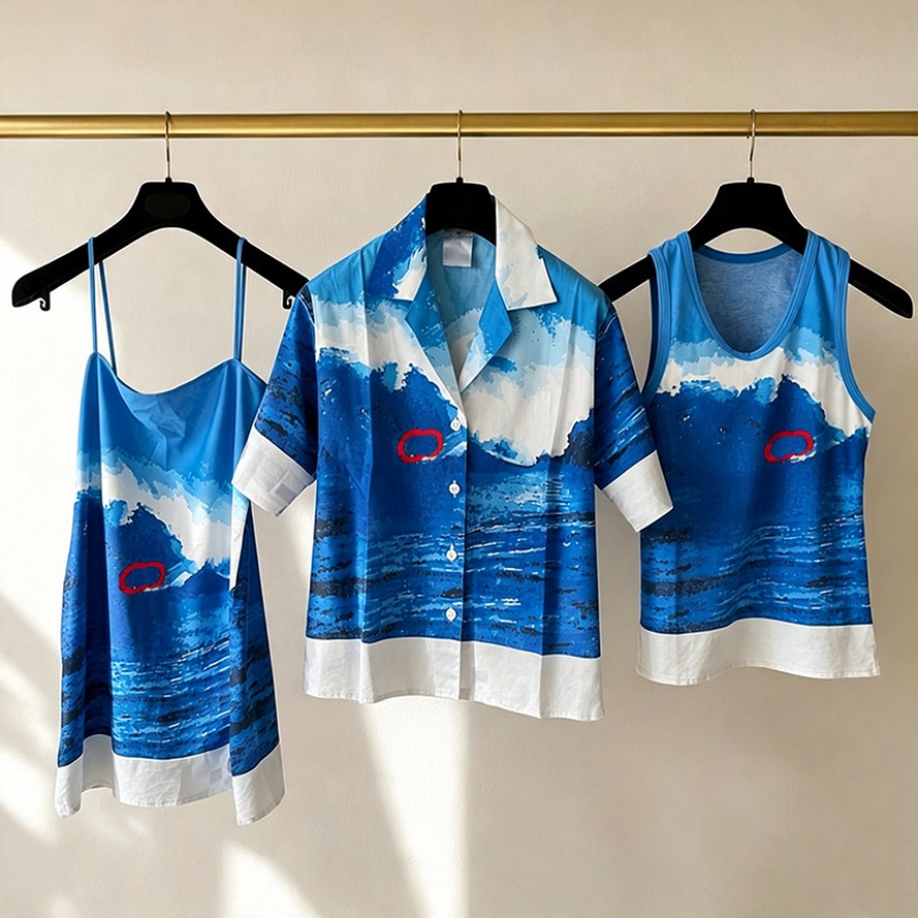 T-shirts de luxe à boutons, chemises élégantes et respirantes, motif de mer, robe à bretelles Spaghetti pour femmes, gilet court d'été