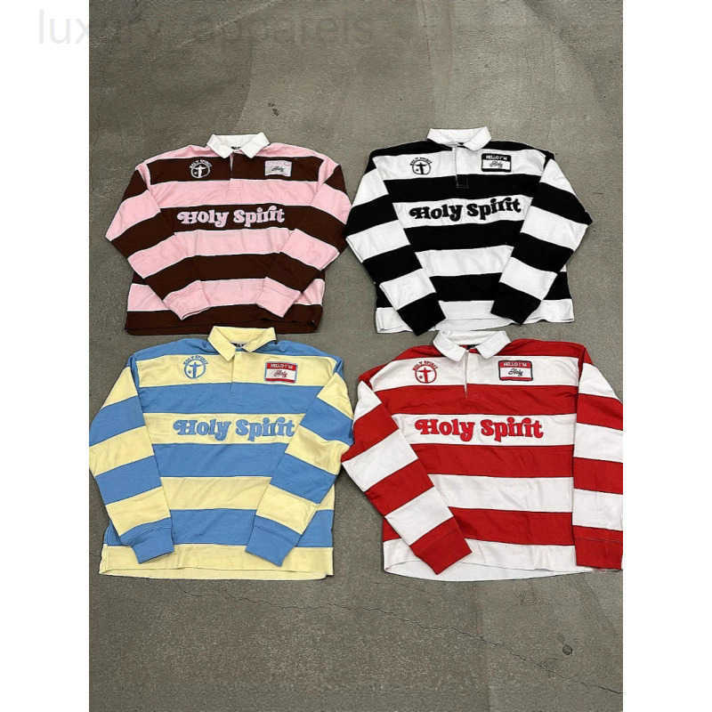 Mens Striped Retro Polo Shirt Y2K T-Shirts Mens Womens Harajuku Hip Hop Letter Embroidery Tops Sweatshirt Casual Long Sleeve Hoodies