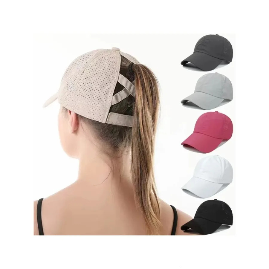 Summer Solid Color Baseball Caps Golf Wear Women Sport Leisure Cross Ponytail Hat Mesh Quick-Drying Half-Hollow Mens Peaked Cap 260720