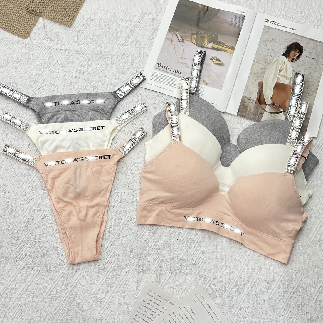 Brand Victoriasssecrets Underwear Bra Set Lingerie Fashion Sexy Bikini Bras Sets Womens Brassiere Panties Shiny Trendy Rhinestone Straps Panty Sm