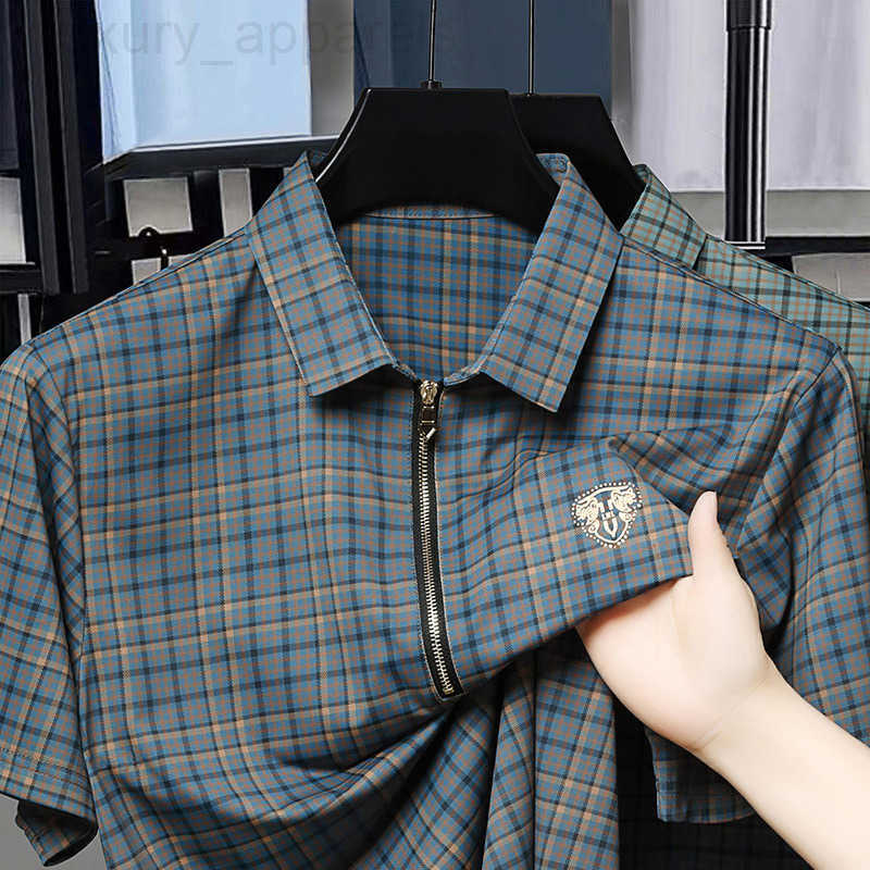 Designer Clothes Mens Plaid Zipper Polo Shirt Summer Luxury Brand Ice Silk Short Sleeve T-Shirt Middle-Aged Fashion Dads Loose Top