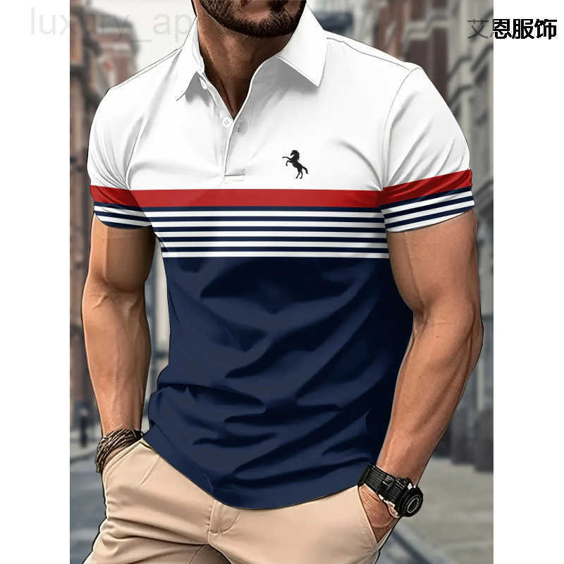 Designer Clothes Fashion Mens Casual 3D Digital Print Luxury Brand Striped Polo Shirt Button Turn-Down Collar T-Shirt Comfortable