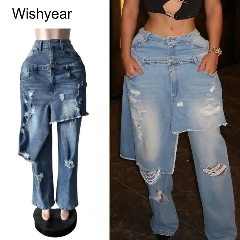 Casual Blue Stretch Denim Jeans with Apron Perforated Straight Wide Leg Trousers for Women Autumn Winter Streetwear Y2K Style 260721BJ