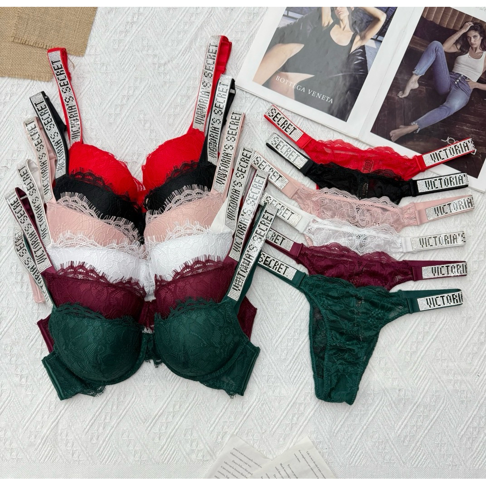 Victoriasssecrets Brand Bikini Bra Set Womens Sexy Briefs Underwear Brassiere Lace Bras Sets Trendy Women Strap Shiny Rhinestone Thick Thong Pant