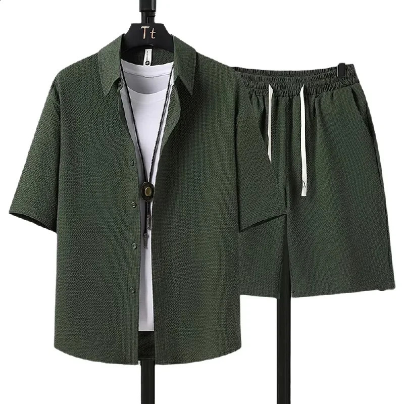 Shirt 5Point PantsMens Short Sleeve Set Summer Fashion Solid Color Seersucker Loose Two Piece Simple Versatile 260721