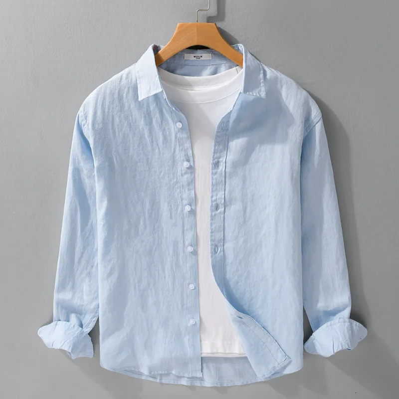 100 Pure Linen Long Sleeve Shirt - Mens Loose Fit Breathable Casual White Shirt with Classic Collar Camping Fishing 260720BJ