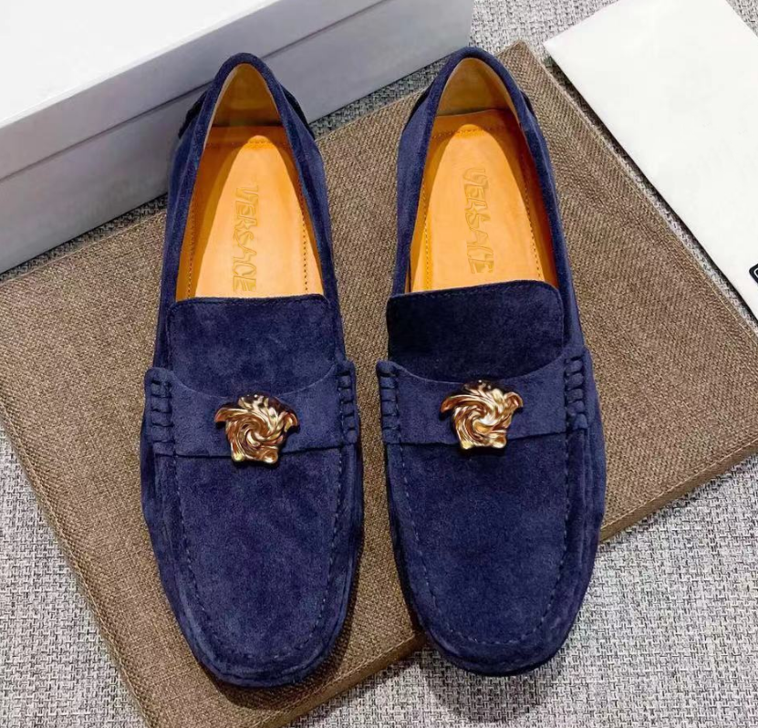 Designer Men Solid Navy Blue Matte Suede Leather 3D Gold Slip On Driver Loafers Luxury Brand Casual Moccasin Shoes 1003701 1A00693
