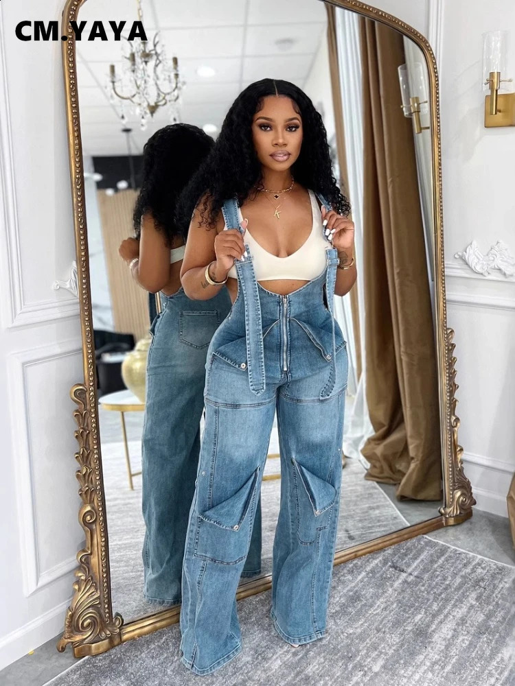 CMYAYA Women Safari Style Ripped Out Multi Pocke Wide Leg Overalls Denim Pants Summer Street Fashion Cargo Jeans Trousers 260721BJ
