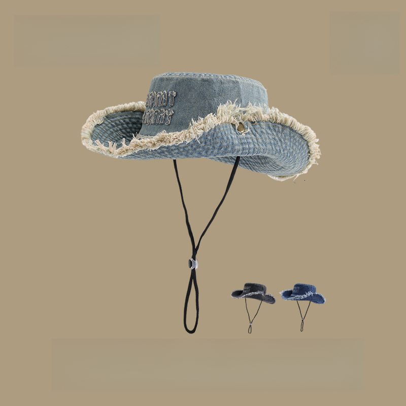 New Letter Print Frayed Edge Denim Hiking Women Spring And Summer Outdoor Sun Protection Wide Brim Fisherman Hat For Men
