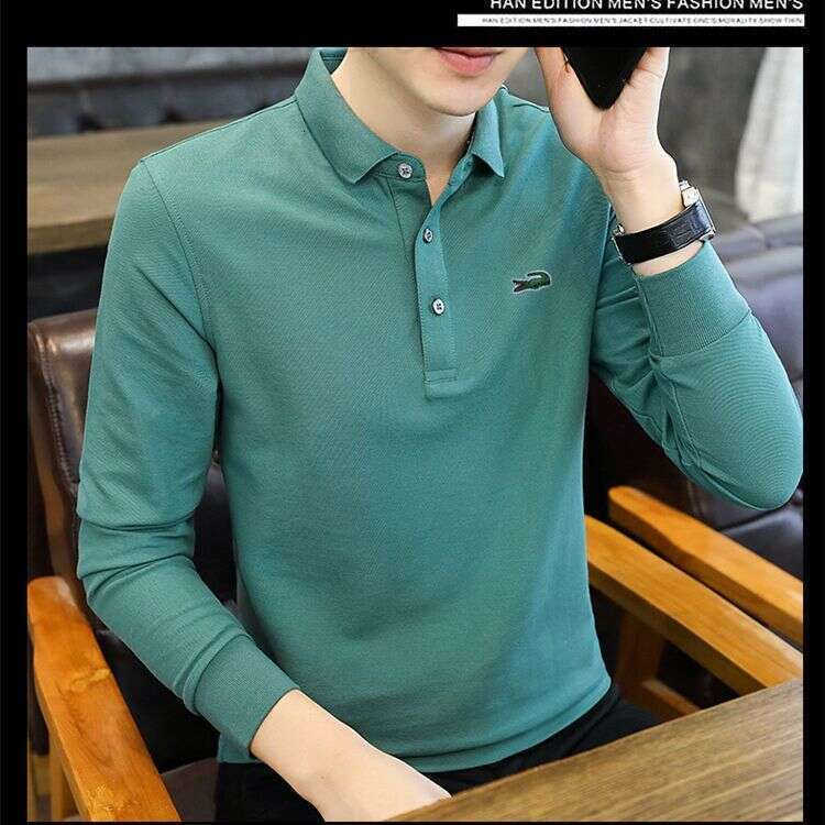 Noble LANTI KAST Crocodile Pure designer handbag Cotton Striped Long Sleeve T-Shirt Turn-Down Collar Mens Polo Base Middle-Aged Dads Autumn Shirt