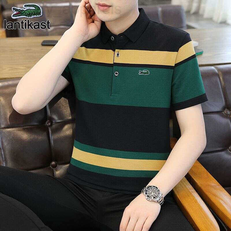 Noble Crocodile designer handbag Polo Shirt Mens T-Shirt Summer Breathable Short Sleeve Turn-Down Collar Pure Cotton Top Striped Business Trend