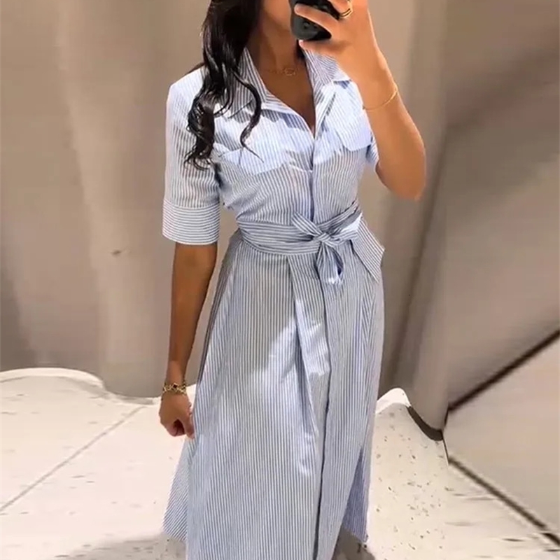 Elegant Womens Striped Long Dress Summer Lace Up Turn-Down Collar Single-breasted Blue A-line Dresses 2026 Lady Holiday Robes 260720BJ