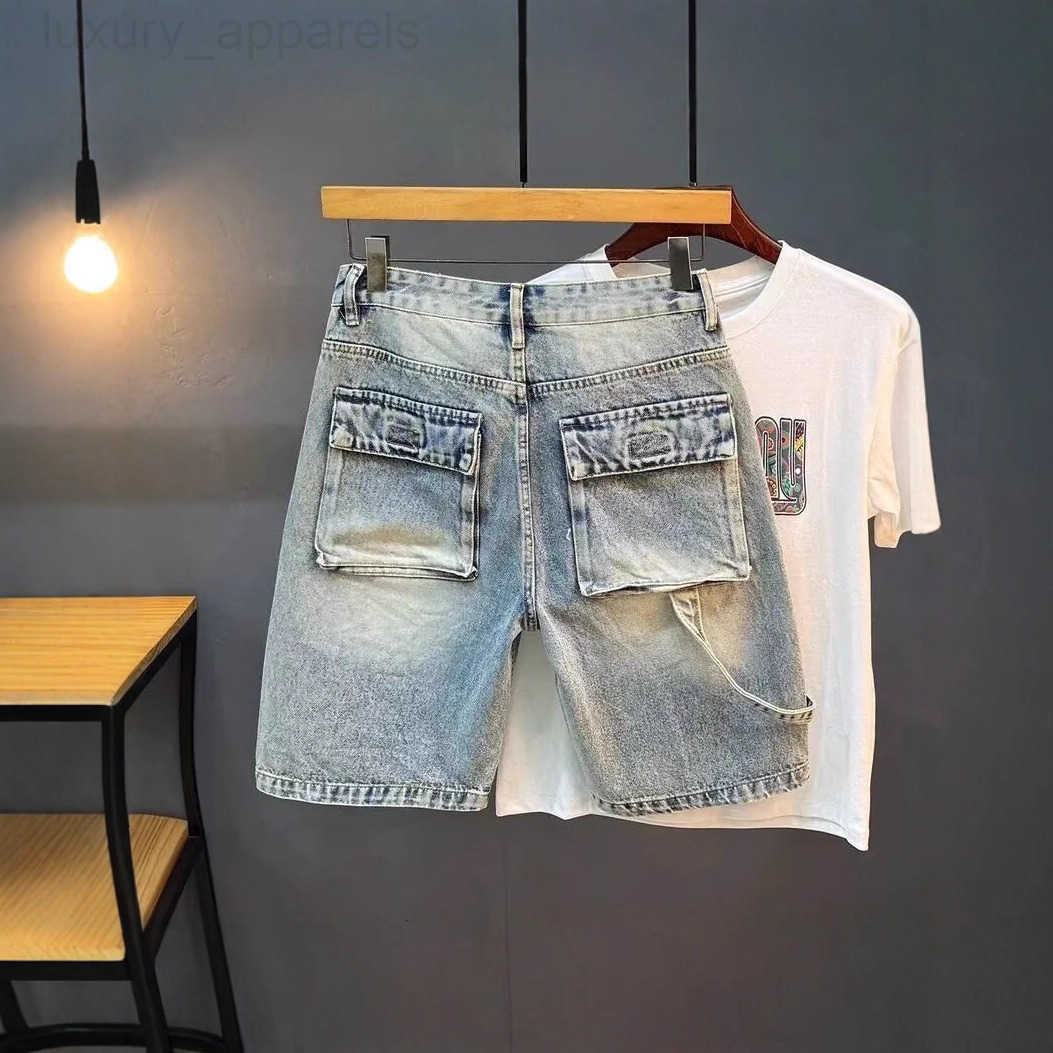 High-End Trendy Designer Clothes Luxury Brand Distressed Cargo Denim 2025 Summer Mens Straight-Leg Multi-Pocket Casual Mid-Length Shorts